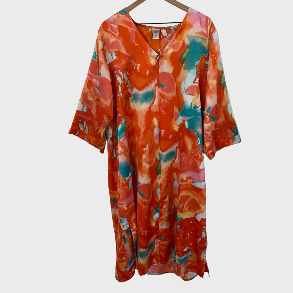 N Natori Orange Turquoise Pink Watercolor Long Caftan Size Large